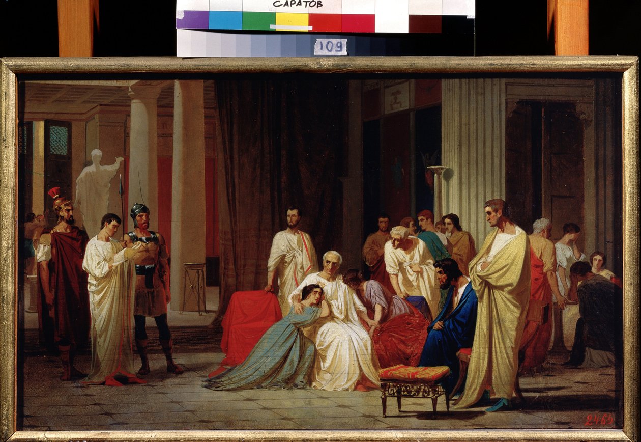 ""A leitura da sentença de morte do senador romano Publius Clodius Thrasea Paetus em 66 dC"" Pintura de Feodor Andreyevich Bronnikov (1827-1902) Museu de Arte do Estado A. Radishchev do século XIX, Saratov de Fedor Andreevich Bronnikov