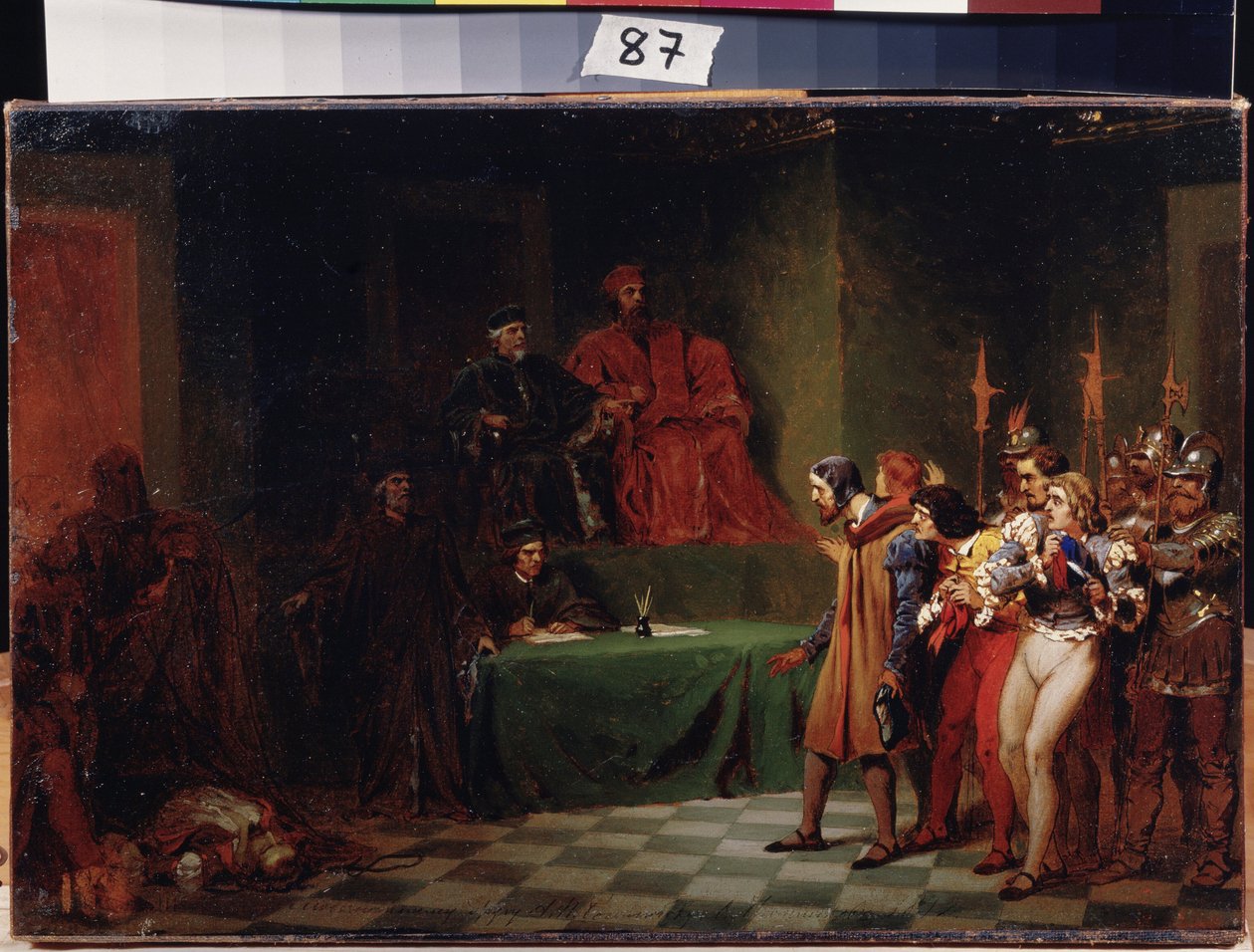 Les mosaistes devant le conseil des Trois a Venise (Itália) (artistas de mosaico perante o conselho de três em Veneza). Peinture de Feodor Andreyevich Bronnikov (1827-1902). Huile sur toile, avant 1886, 25,5 x 37,5 cm, art russe. Museu de Arte Estatal A.Ra de Fedor Andreevich Bronnikov