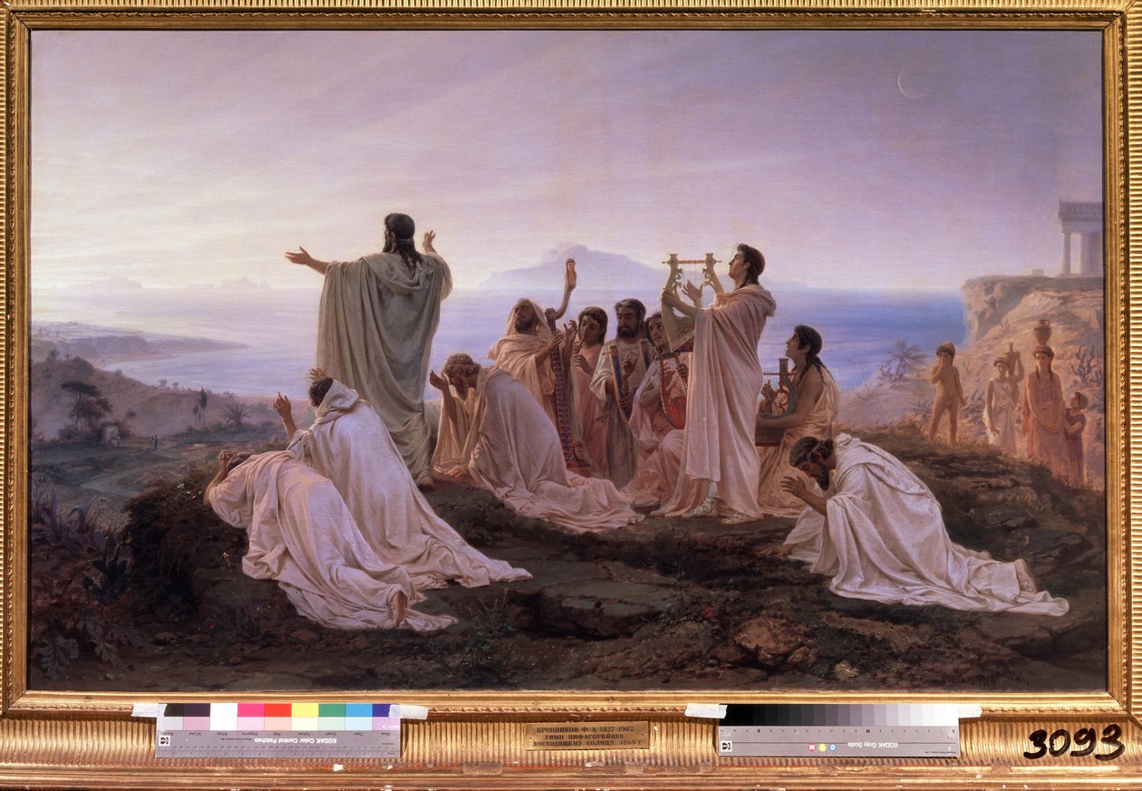 ""O Hino ao Sol Nascente de Pitágoras"" Cerimônia ritual na Grécia antiga inspirada nas teorias pitagóricas relacionadas à música e às estrelas. Pintura de Feodor Andreyevich Bronnikov (1827-1902) 1869 Galeria Estatal Tretyakov Moscou de Fedor Andreevich Bronnikov