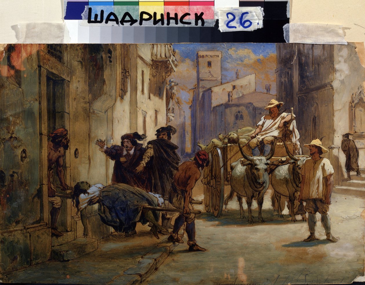 Durante uma epidemia. Macas que retiram o corpo de uma mulher morta de uma casa e o colocam num carrinho com outros cadáveres. Pintura de Feodor Andreyevich Bronnikov (1827-1902). Óleo a bordo, 21,8 x 33 cm, art rus de Fedor Andreevich Bronnikov