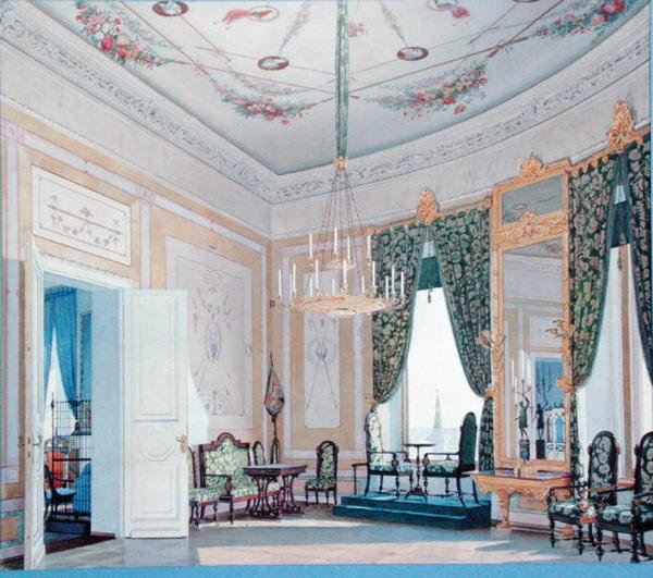 Sala de visitas no palácio de Nikolai (Tchudov) no Kremlin, 1847 (wc no papel) de Fedor Andreevich Klages