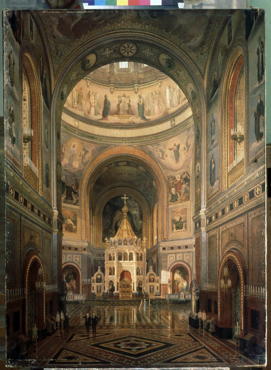 Vista interior da Catedral de Cristo Salvador em Moscou. (Vista Interior da Catedral de Cristo Salvador em Moscou) - Construída entre 1839 e 1883, pelo arquiteto Constantin Thon (Ton) - Descrição da arquitetura e decoração - Pintura de Fedor Andreevich Klages