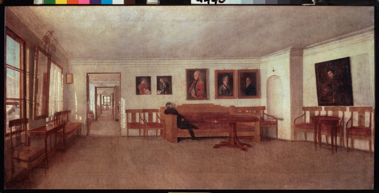Interior da Casa de A Semensky perto de Tver (Rússia) - Pintura de Fyodor Mikhailovich Slavyansky (1819-1876), óleo sobre tela - Arte Russa de Fedor Mikhailovich Slavyansky