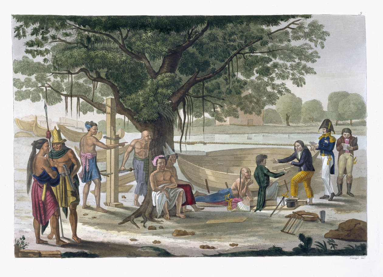Boatyard perto de Kupang, Timor, placa 9 de &39;The Old and Modern Costume&39; de Jules Ferrario, publicado em c.1820s-30s de Felice Campi
