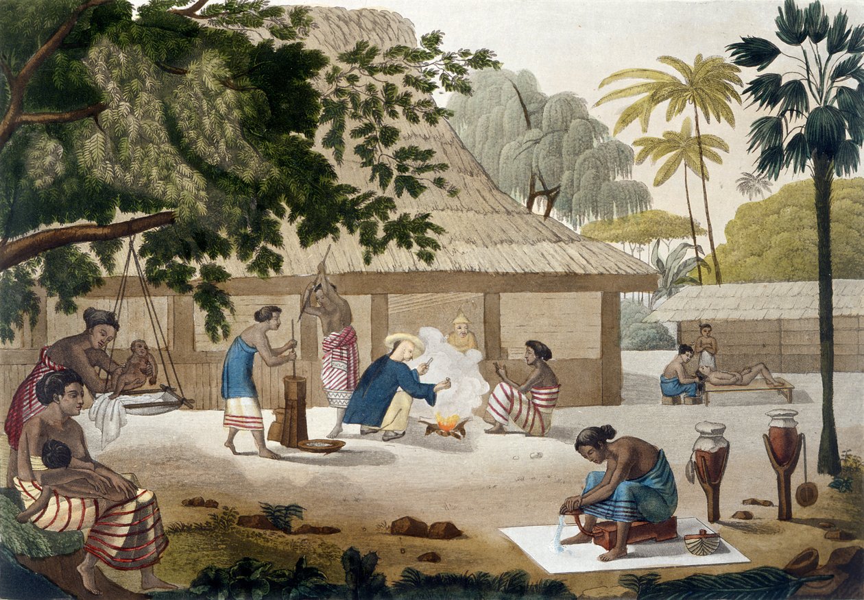 Vida doméstica em Kupang, Timor, prato 10 de &39;Le Costume Ancien et Moderne&39; de Jules Ferrario, publicado em c.1820s-30s de Felice Campi