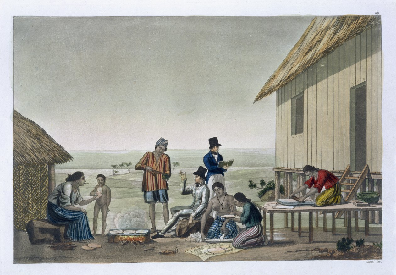 Ocupações do povo Agagna, Ilhas Marianas, prato 29 de &39;Le Costume Ancien et Moderne&39;, de Jules Ferrario, publicado em c.1820s-30s de Felice Campi