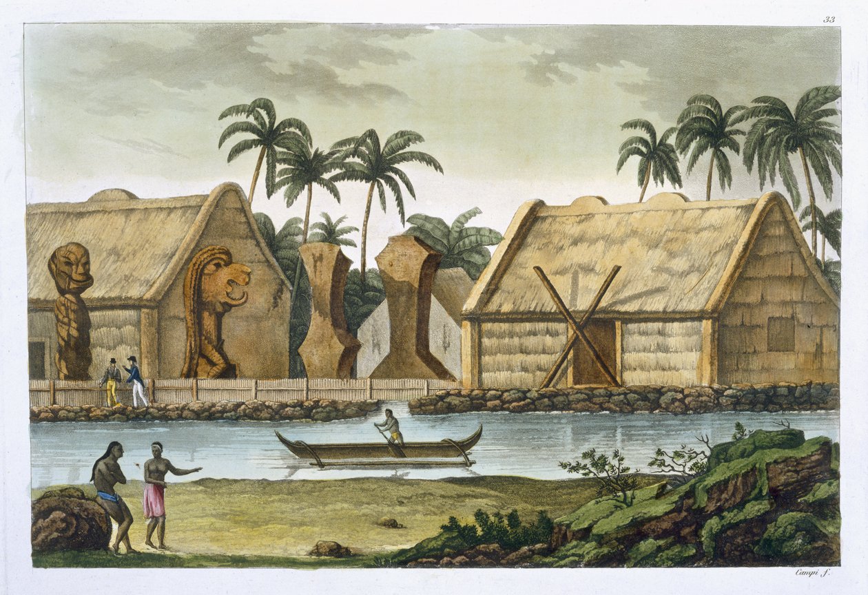 Tumba de Tamahamah em Kaiakakooa, Sandwich Islands, prato 33 de &39;Le Costume Ancien et Moderne&39; de Jules Ferrario, publicado c.1820s-30s de Felice Campi