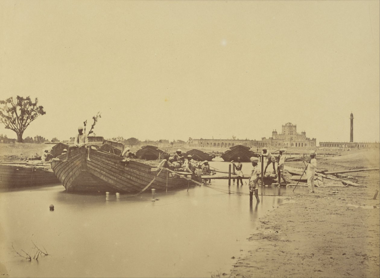 Ponte de barcos abaixo do Martinière College no rio Gomti de Felice Beato