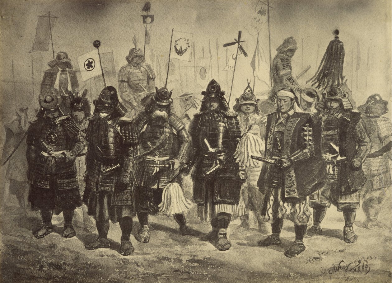 Cópia fotográfica de um desenho de guerreiros japoneses, de Charles Wirgman de Felice Beato