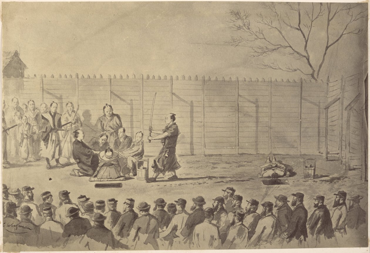 Cópia fotográfica do desenho de um japonês prestes a ser decapitado por Charles Wirgman de Felice Beato