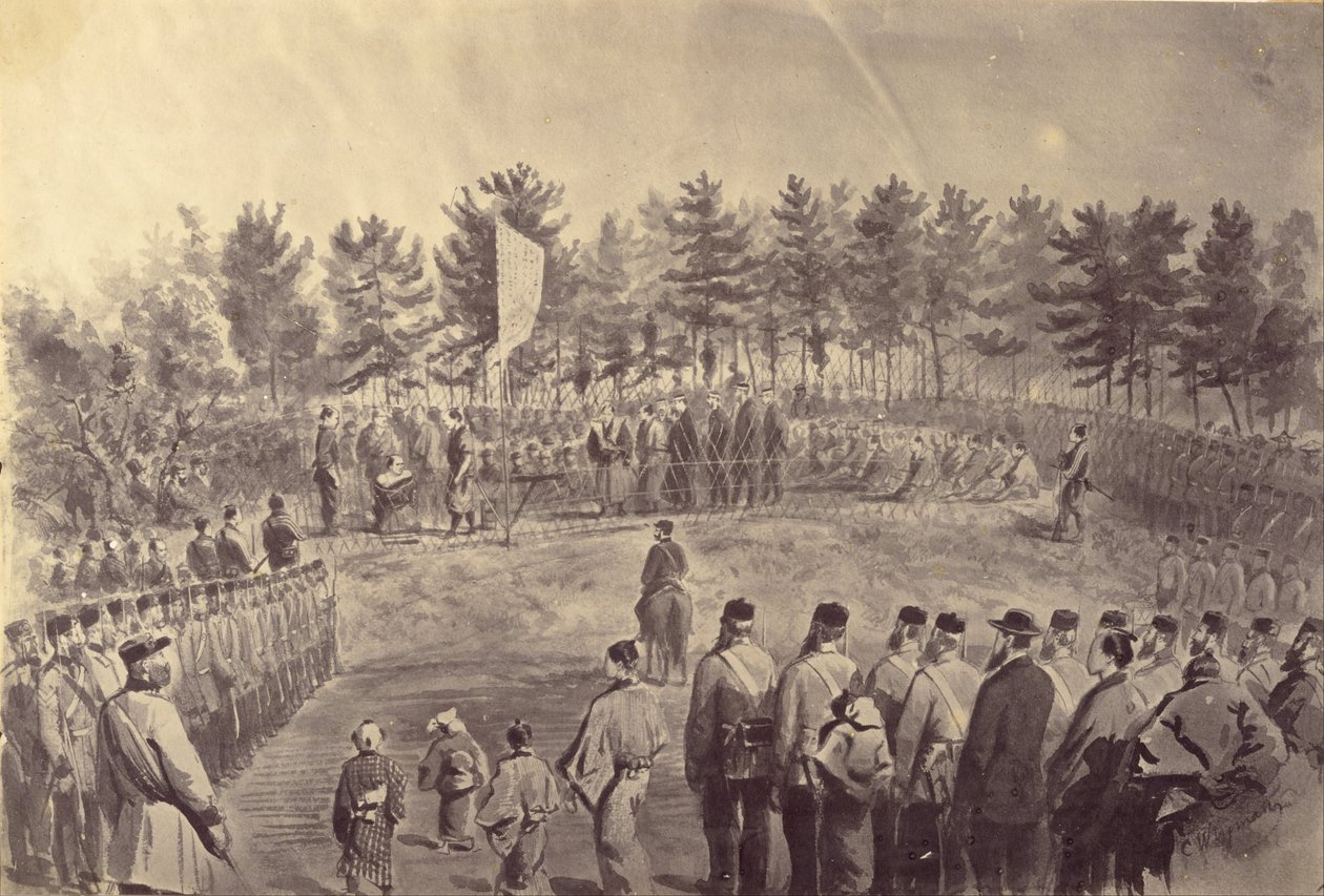 Cópia fotográfica de um desenho de uma execução por Charles Wirgman de Felice Beato