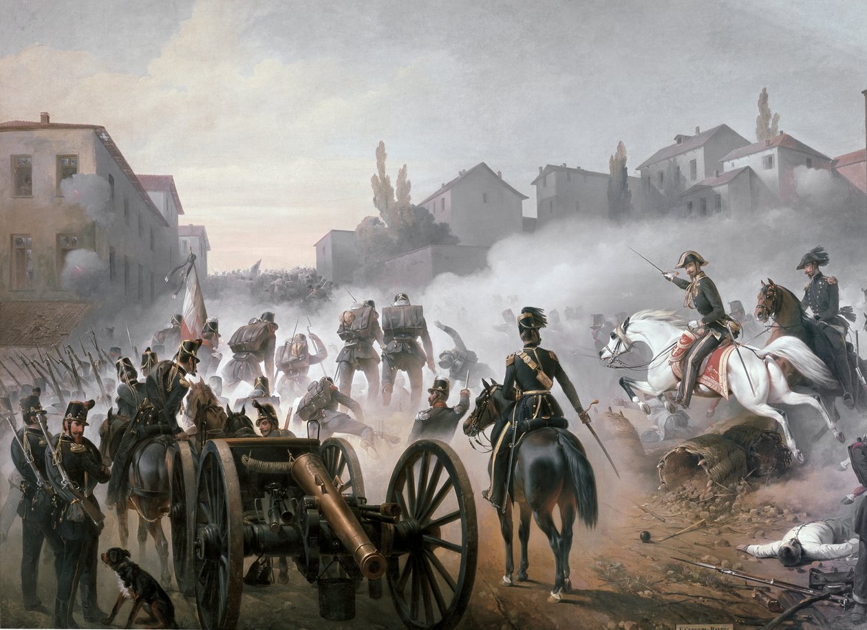 A Batalha de Pastrengo, pormenor do lado esquerdo: o canhão (óleo sobre tela) de Felice Cerruti Bauduc