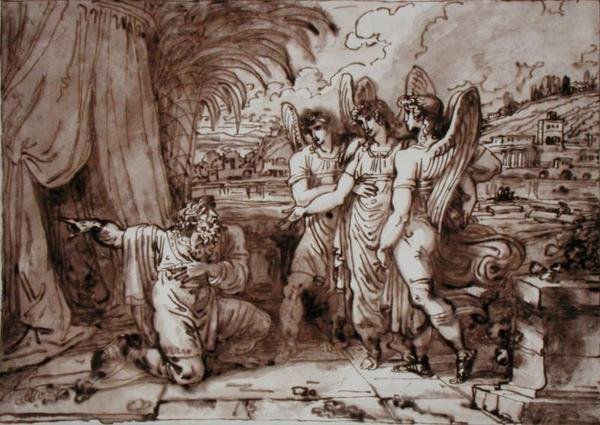 Abraão e os Anjos (caneta e tinta marrom, lavagem marrom sobre lápis sobre papel) de Felice Giani