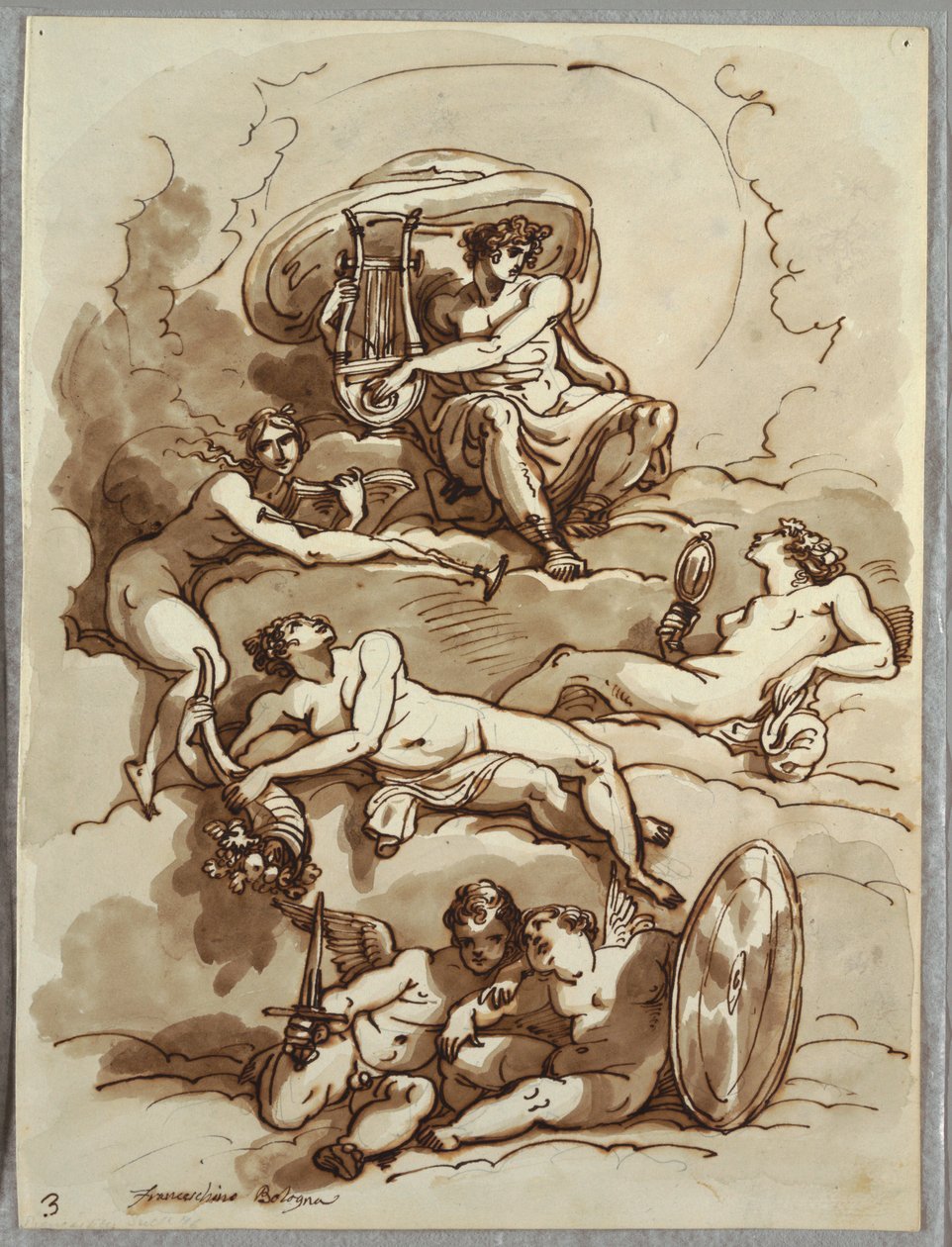 Apollo com Lyre, Fame, Abundance, Beauty and Two Putti on Clouds, Estudo após Marcantonio Franceschini de Felice Giani