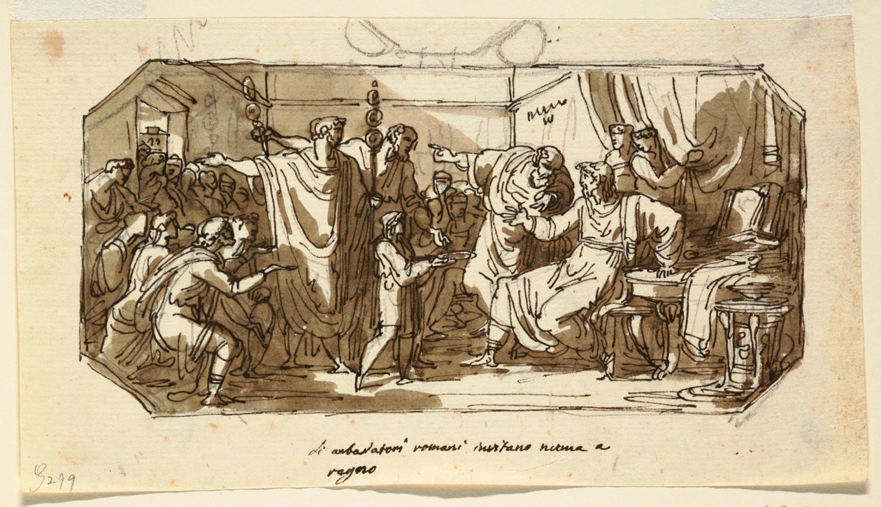Projeto do teto: Embaixador Romano Peça à Sabine Numa Pompilius para reinar sobre Roma, Numa Pompilius Hall, Palazzo Milzetti, Faenza de Felice Giani