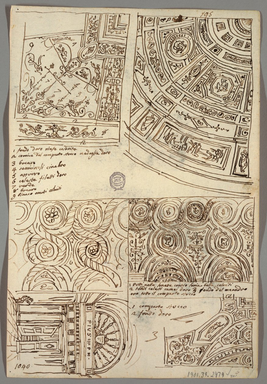 Estudos Decorativos para Tetos; Verso: Cabeça de perfil com capacete antigo de Felice Giani