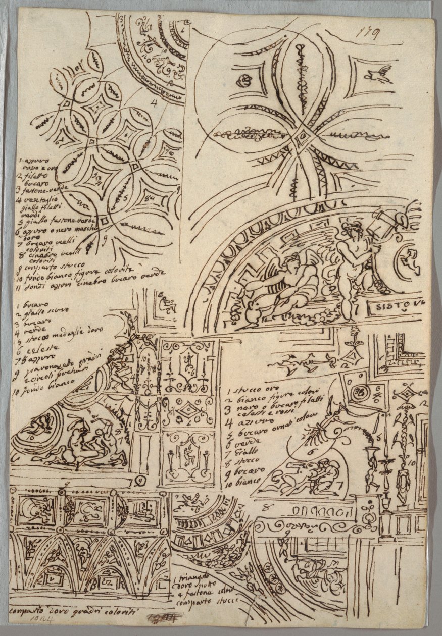 Estudos Decorativos de Tetos com Grotesco; Estudos de Monumento com Selo Papal, Sisto V de Felice Giani