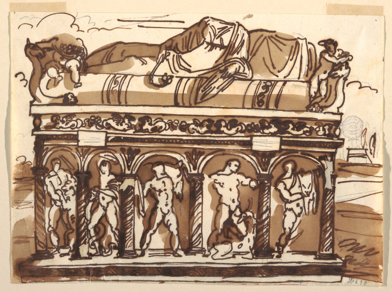 Desenho, Um sarcófago romano no Museu do Vaticano, ca. 1820 de Felice Giani