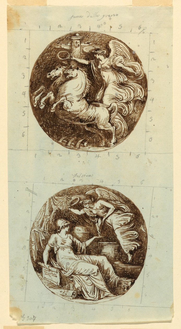 Desenho, Uma Vitória Alada Montada numa Carruagem; Uma Vitória Alada Coroando Minerva; duas rodelas, ca. 1805 de Felice Giani