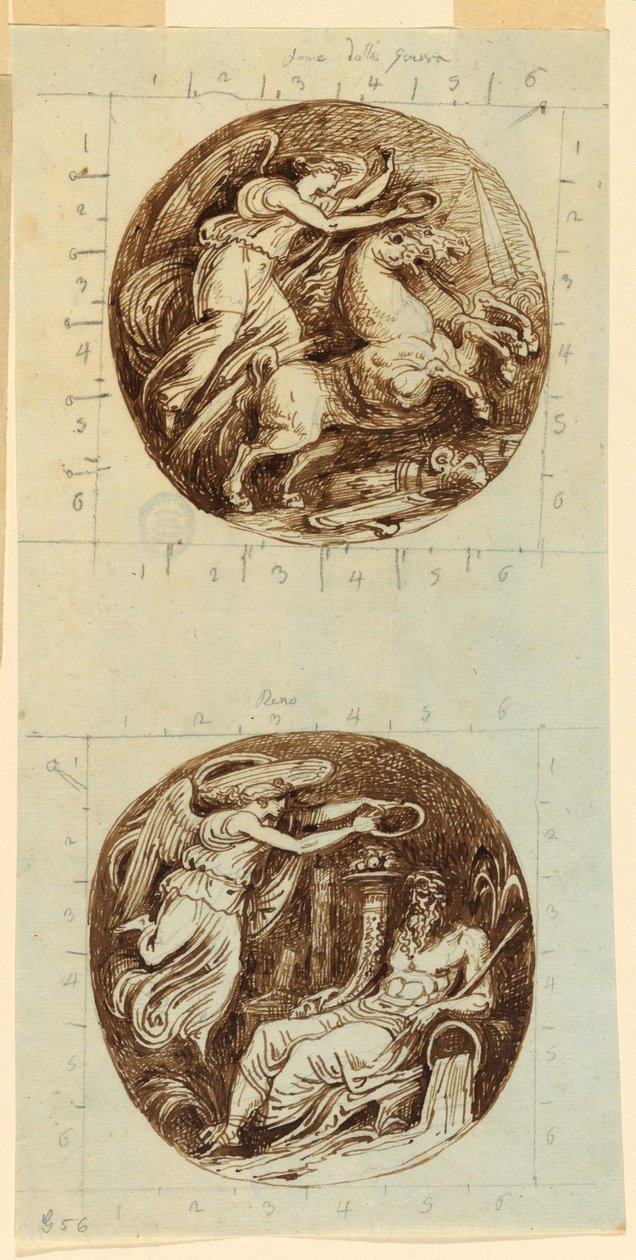 Desenho, Uma Vitória Alada Montada numa Carruagem; Uma Vitória Alada Coroando um Deus do Rio, Reno; duas rodelas, ca. 1805 de Felice Giani