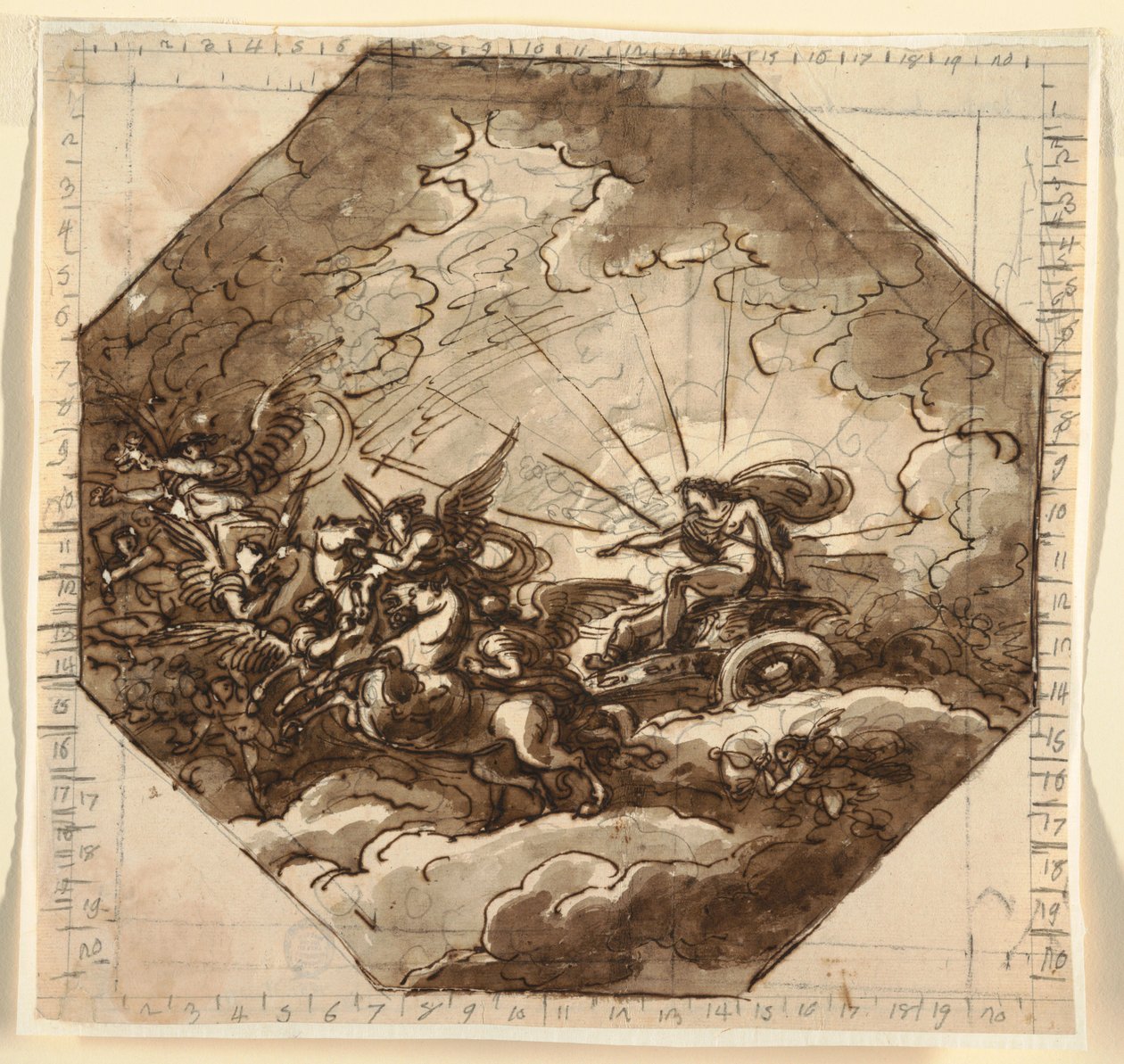 Desenho, Apolo na sua carruagem com Aurora, Sala Ottogonale, Palazzo Milzetti, Faenza, 1804-05 de Felice Giani