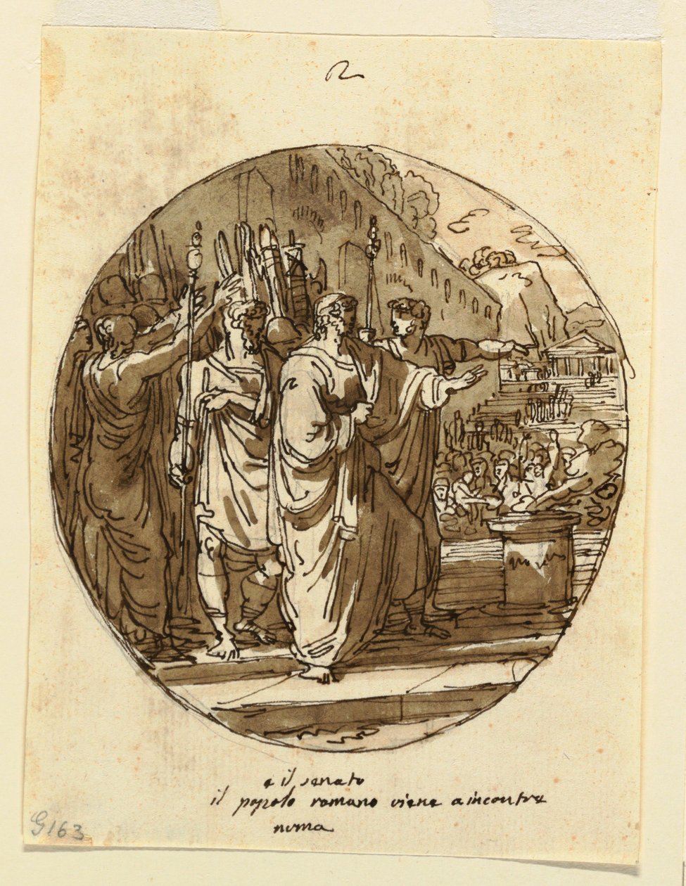 Desenho, Projeto do teto para Numa Pompilius, recebido em Roma após a sua eleição, Sala di Numa Pompilio, Palazzo Milzetti, Faenza, 1804-05 de Felice Giani