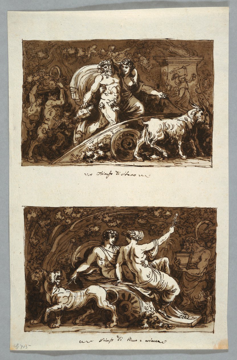Desenho, Folha de um caderno de esboços: Triunfo de Sileno e Triunfo de Baco e Ariadne, 1800-1802 de Felice Giani
