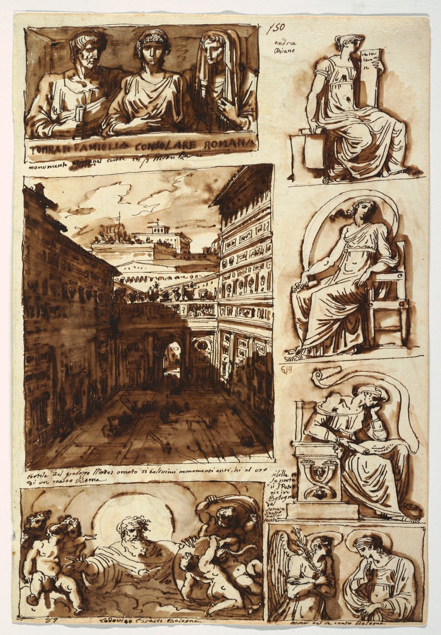 Desenho, Várias obras de arte.  A corte do Palazzo Mattei em Roma, 1812-14 de Felice Giani