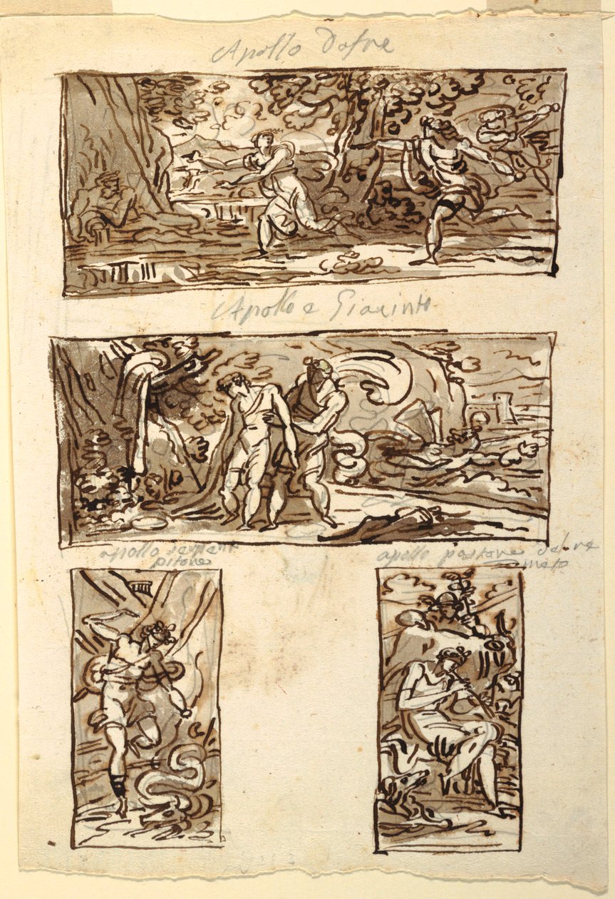 Quatro Desenhos do Mito de Apolo; Decoração de uma parede sobre uma cornija de lareira, Sala di Apollo, Palazzo Cavina, Faenza de Felice Giani
