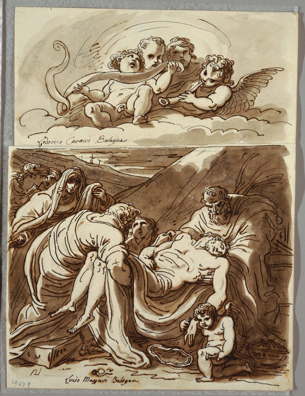Quatro Putti Fazendo Música, Estudo após Lodovico Carracci; Cristo, estude depois de Massari de Felice Giani