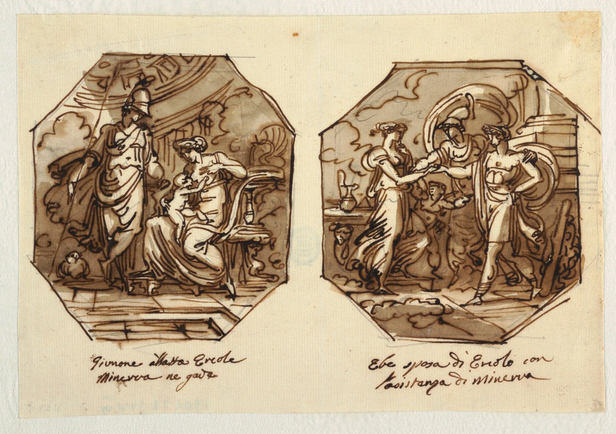 Juno Suckling Hercules, Hebe se casa com Hercules com a ajuda de Minerva, projetado para Sala di Ercole e Ebe, Palazzo Gaddi, Forli. de Felice Giani