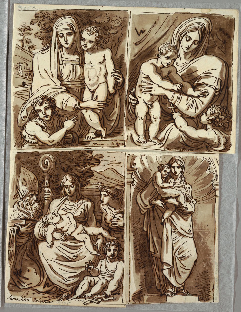 Madonna e Criança e São João, Estudo após Francia; Madonna e Criança com São João, Estudo após Dossi; Madona e Menino com São João, Bispo Santo, Santa Apolônia; Madonna e criança em nicho, estudo após escultura por Salvator Mundy de Felice Giani