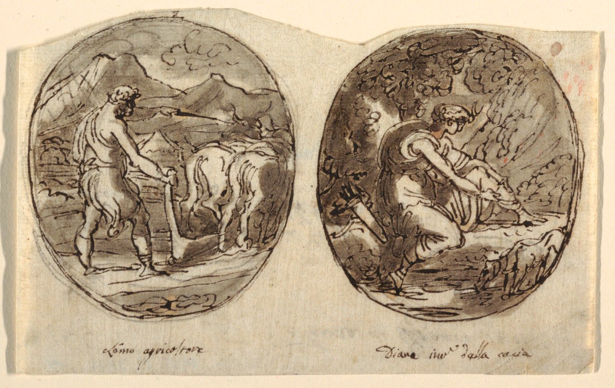 Homem, o agricultor, Diana, a deusa da caça, projeto para teto abobadado, Sala dei Legislatori, Palazzo Conti-Sinibaldi, Faenza de Felice Giani