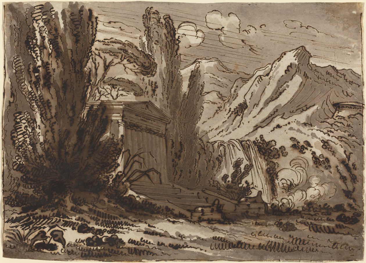 Paisagem montanhosa com templo clássico de Felice Giani