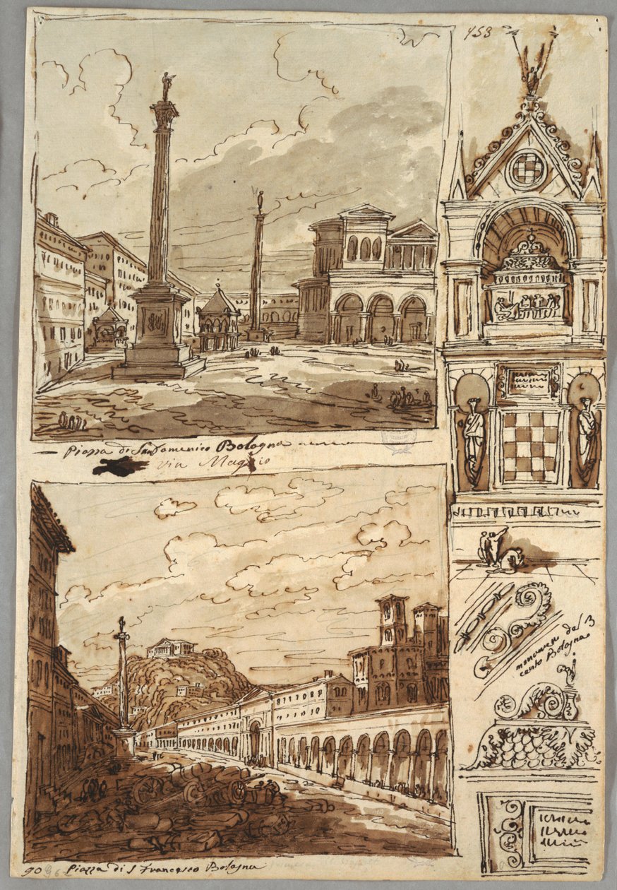 Praça San Domenico em Bolonha; Piazza San Francesco e Villa Aldini em Bolonha; Estudo da Tumba de Glossatori de Felice Giani