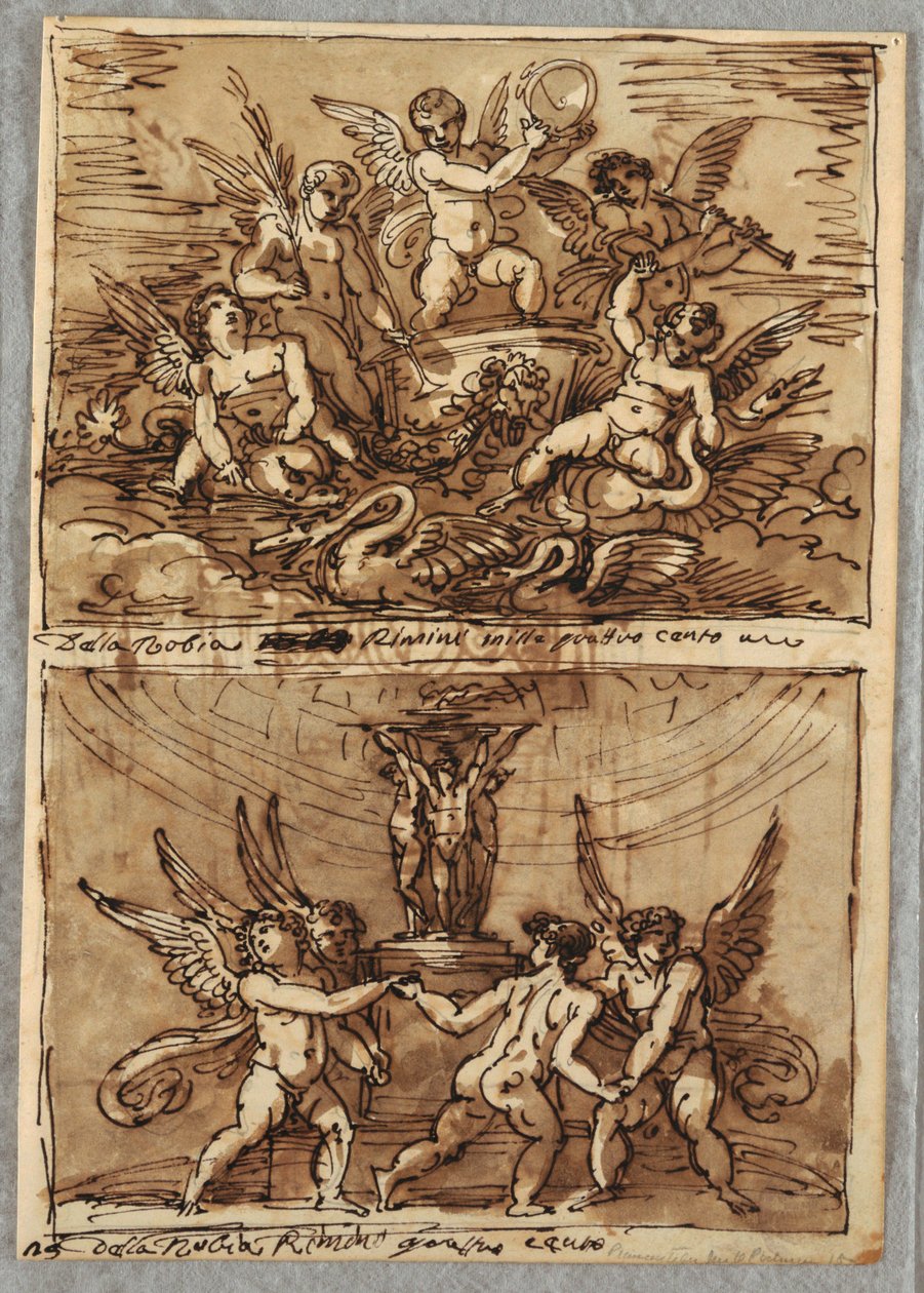 Putti em uma carruagem com golfinhos e cisnes de Felice Giani