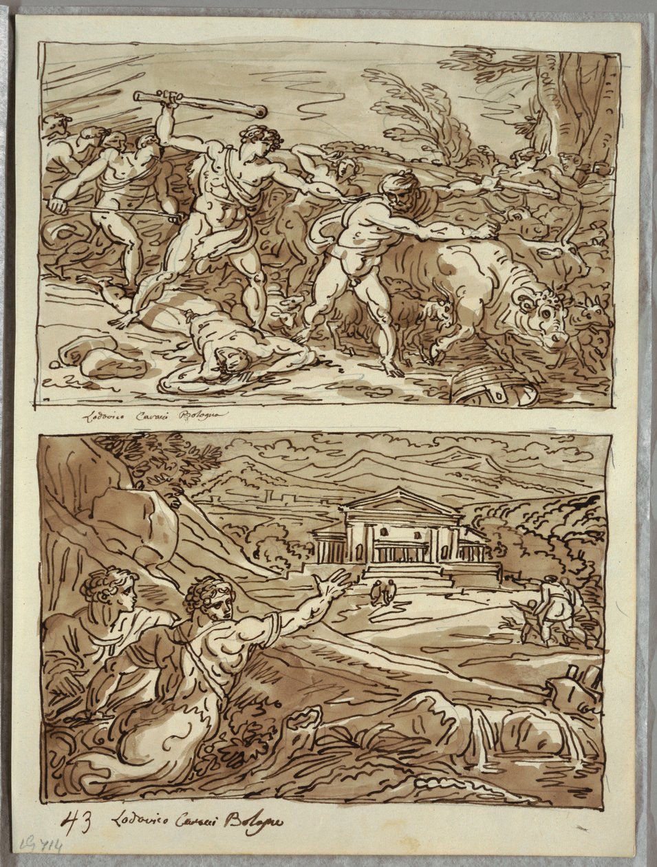 Remus Afasta e Mata os Ladrões dos Rebanhos; Santuário para os fugitivos no Campidoglio, dois estudos depois de Carracci de Felice Giani
