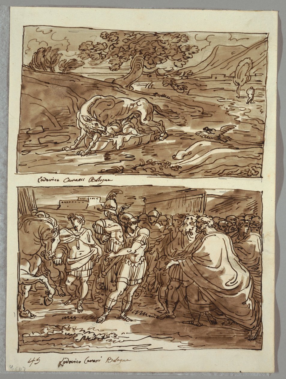 Rômulo e Remo amamentaram o lobo; Romulus dedica a Jove Feretrius os espólios do conquistado rei Acronius, dois estudos após Carracci de Felice Giani