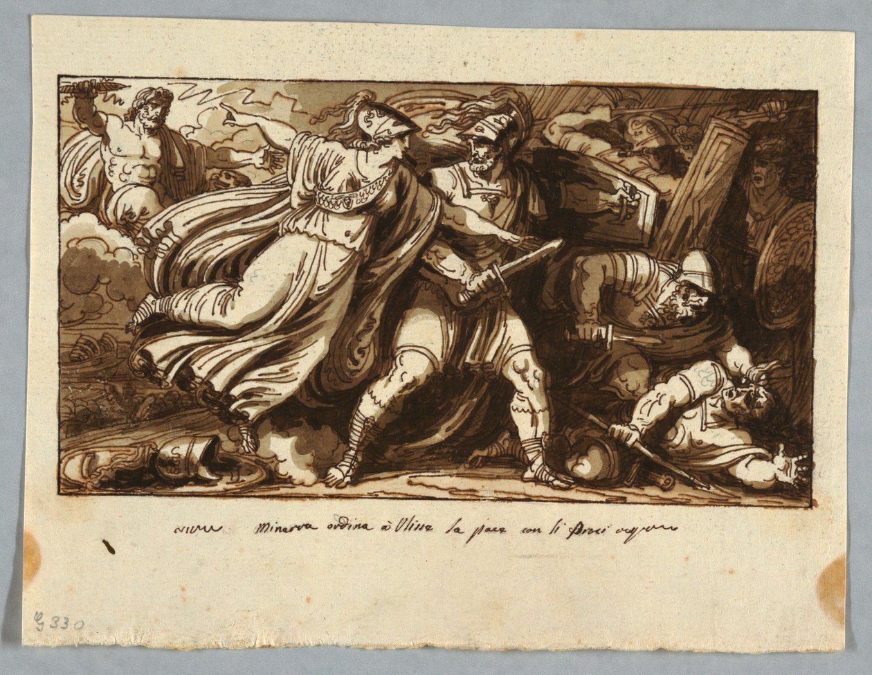 Folha de um Sketchbook: Minerva ordena que Ulysses faça as pazes com os pretendentes de Penélope (Minerva induz Ulisse alla pace con i Proci) de Felice Giani