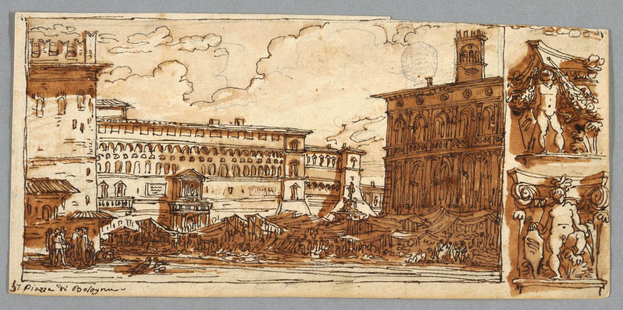 Página do Sketchbook, Folio 57: Estudo depois da Piazza Emmanuelle em Bolonha; Verso, detalhe arquitetônico de Felice Giani