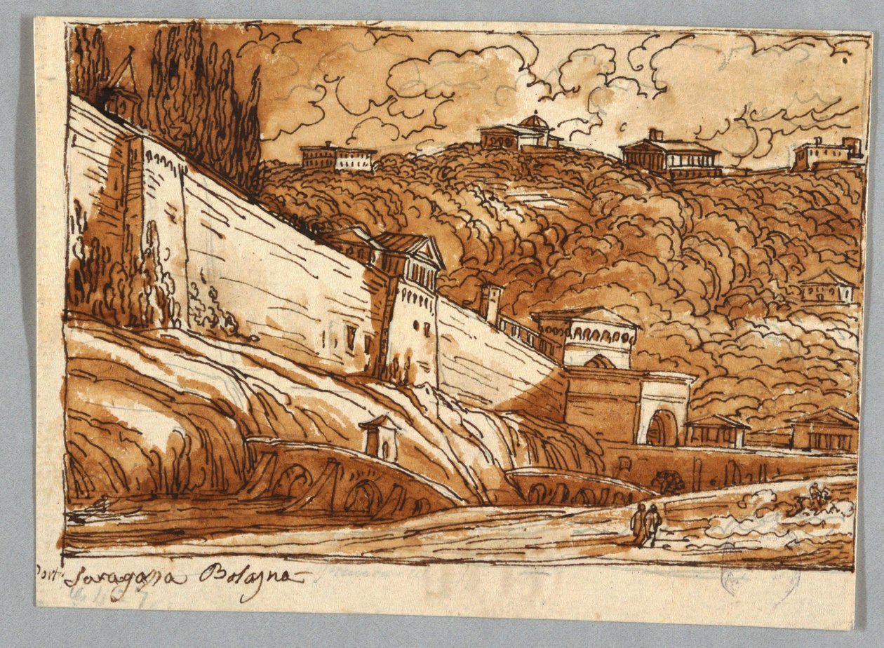 Página do Sketchbook, Folio 57: Estudo após Porta di Saragossa em Bolonha; Verso, detalhes arquitetônicos de Felice Giani