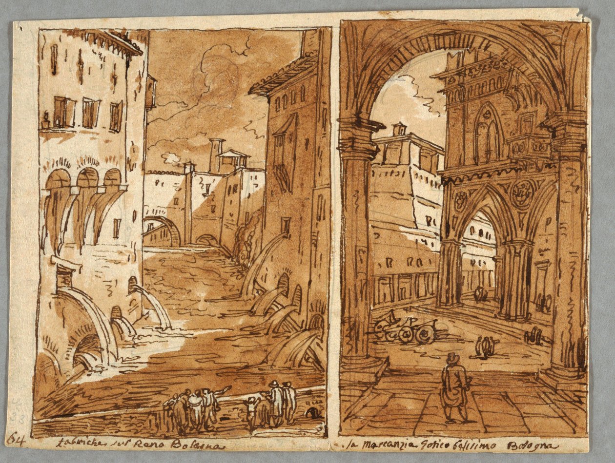 Sketchbook Page, Folio 64: Estudo após a Arquitetura e Escultura Bolognese; Verso: Desenhos Geométricos de Felice Giani