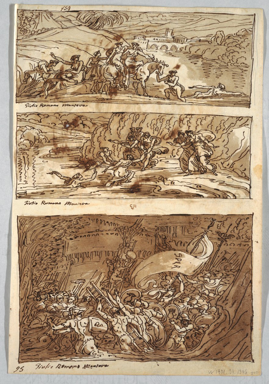 Página do caderno de esboços, Fólio 95: Três pinturas segundo Giulio Romano; Verso: Leão e Águia de Felice Giani