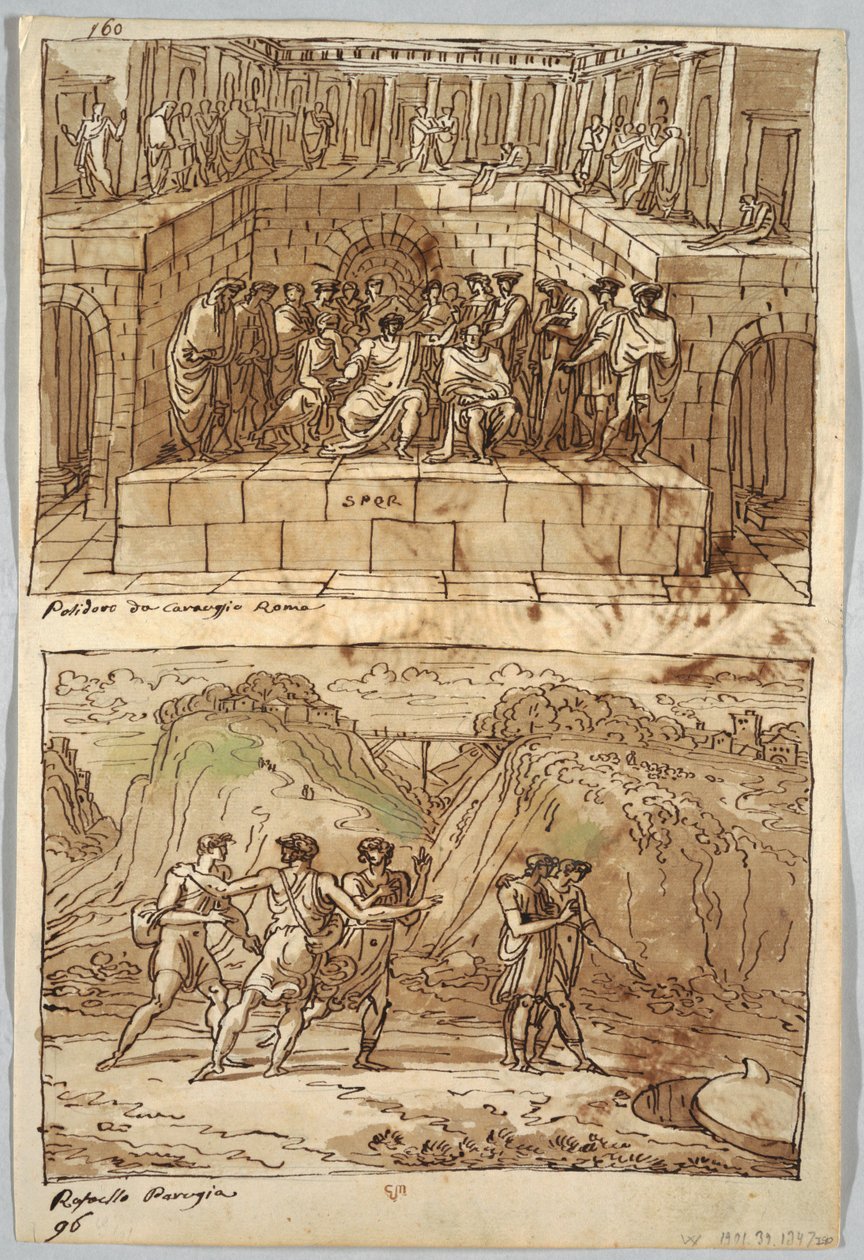 Sketchbook Page, Folio 98: Two Paintings after Caravaggio and Raphael; Verso: Águia e Boi de Felice Giani