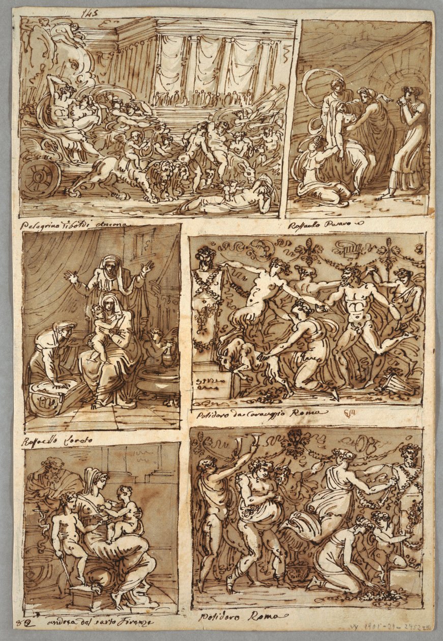 Página do Sketchbook: Seis Cenas; Verso: Cinco Estudos de Cabeças de Cavalo; cabeça de leão de Felice Giani