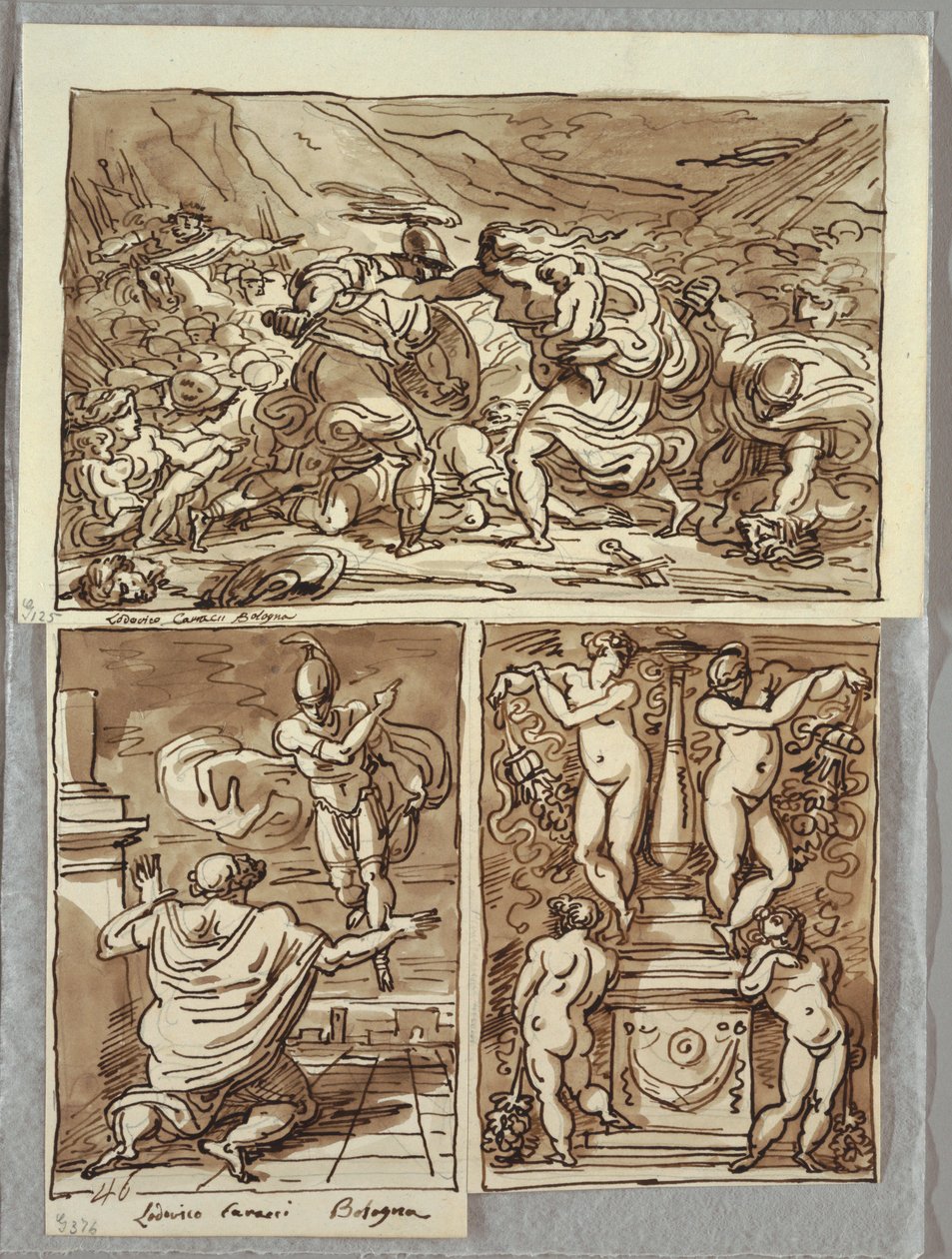 A batalha entre os romanos e os sabinos; Aparição de Rômulo a Próculo, Dois Estudos após os Carracci; Candelabro de Felice Giani