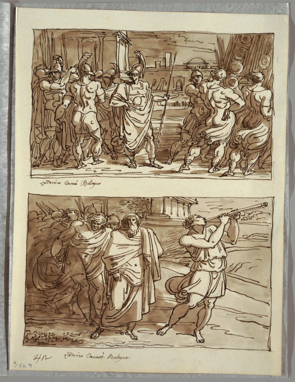 O orgulho de Romulus: A zombaria do velho capitão dos Veii; Dois estudos após Carracci de Felice Giani