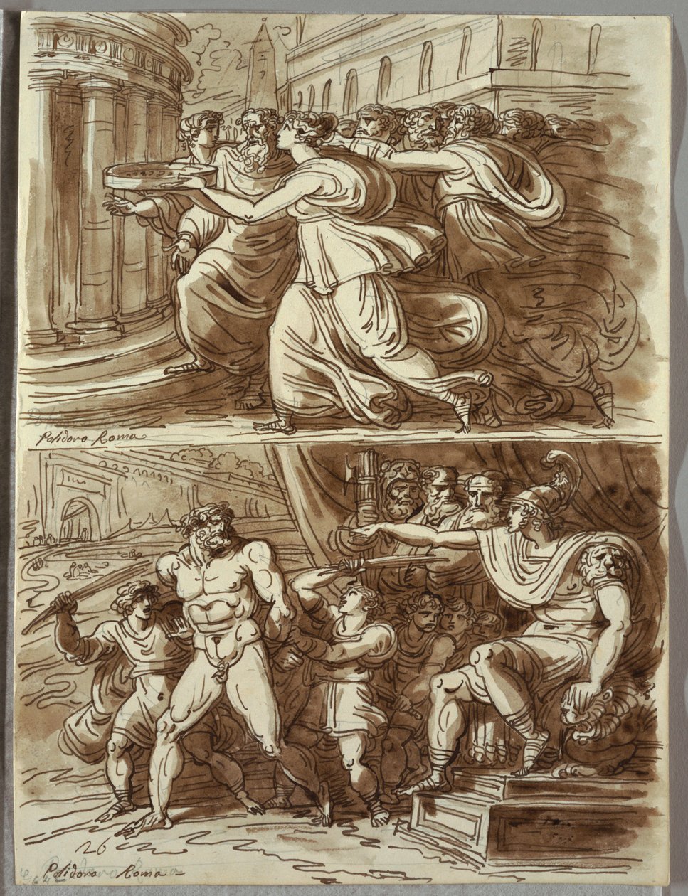 A Vestal Tuccia Carrega Água na Peneira; Dois estudos após Polidoro da Caravaggio de Felice Giani