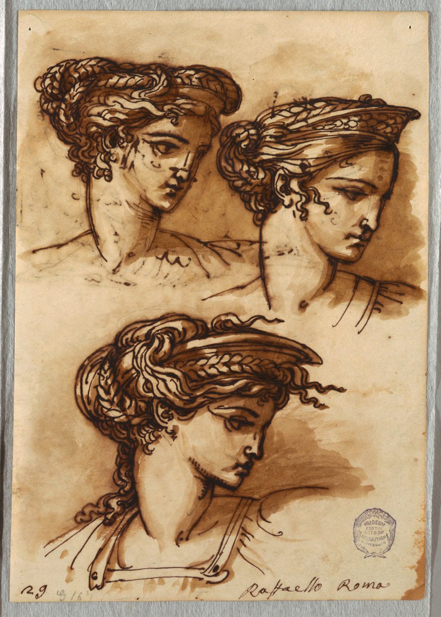 Três estudos de uma cabeça com diadema e cabelo trançado, segundo Rafael de Felice Giani
