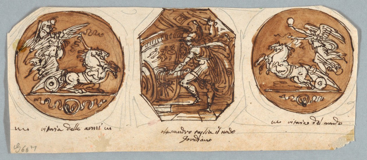 Duas pinturas circulares e octogonais para teto: feitos de Alexandre, o Grande de Felice Giani